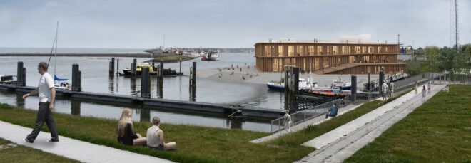 rendering of timber museum center near the sea