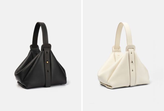 angled view of a handbag in two colors, black or white