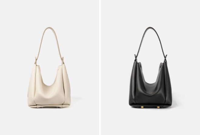 front view of a handbag in two colors, black or white