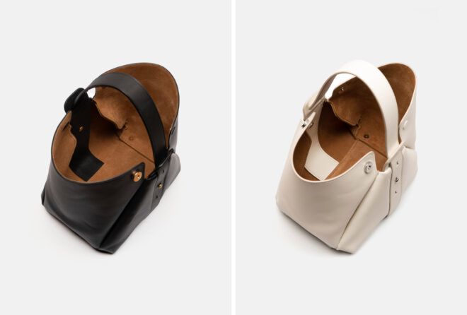 top view of a handbag in two colors, black or white