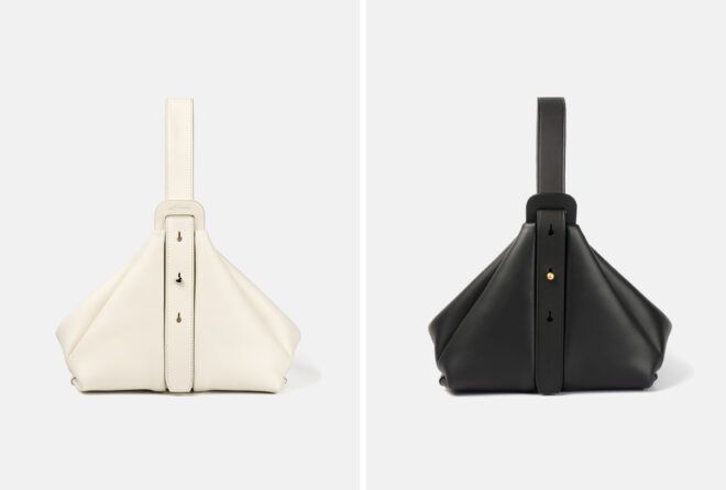 side view of a handbag in two colors, black or white