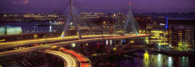 blurry traffic lights on a bridge in Boston