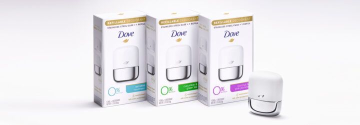 Dove-brand refillable deodorants on white background