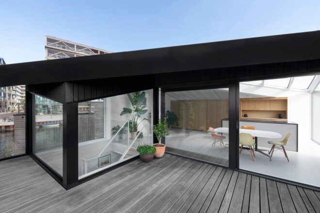 wood patio on a floating home