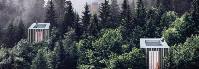 rendering of tall narrow wood cabins with rooftop pools in a misty forest