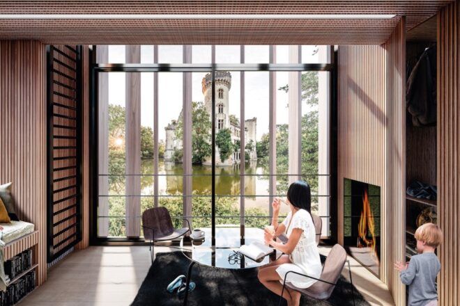 rendering of wood cabin interior with fireplace and large glass wall