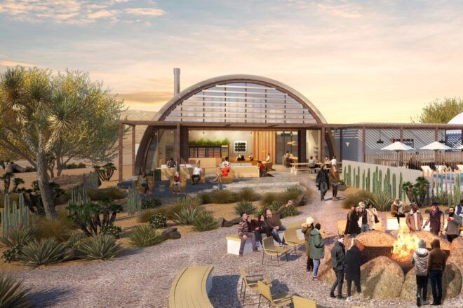 rendering of people around fire pit outside building with arched entrance and rounded roof