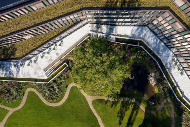 aerial view of office building topped with green roofs
