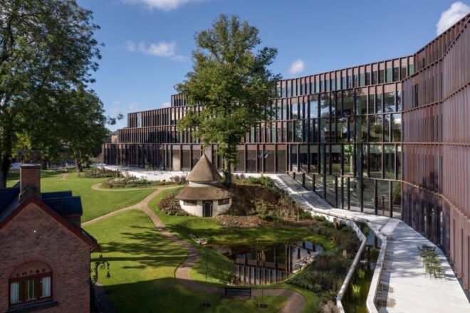 walking paths on hilly green space near office building