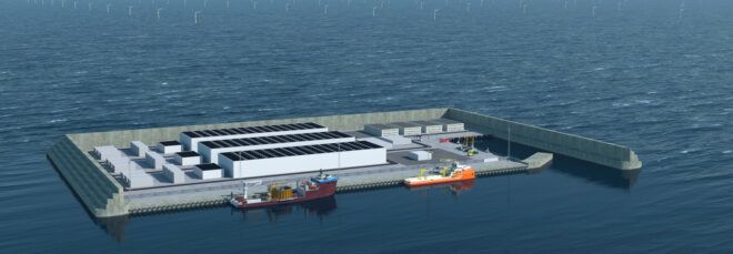 rendering of artificial island covered in solar panels