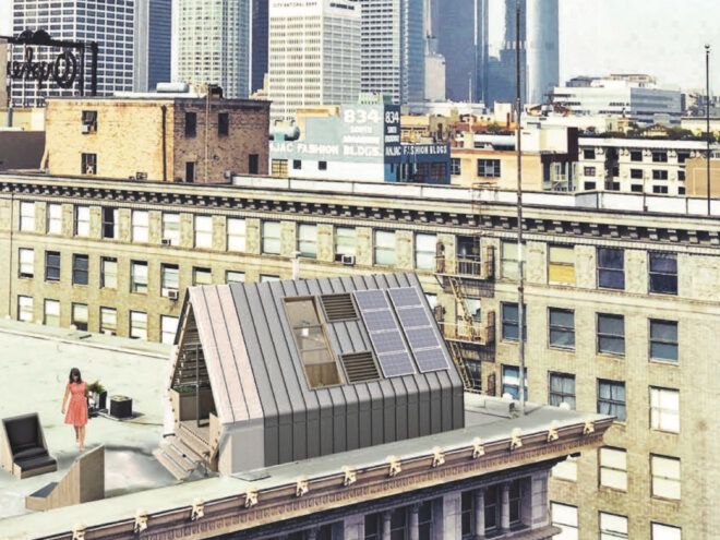 rendering of gabled wood and metal cabin on top of a city building