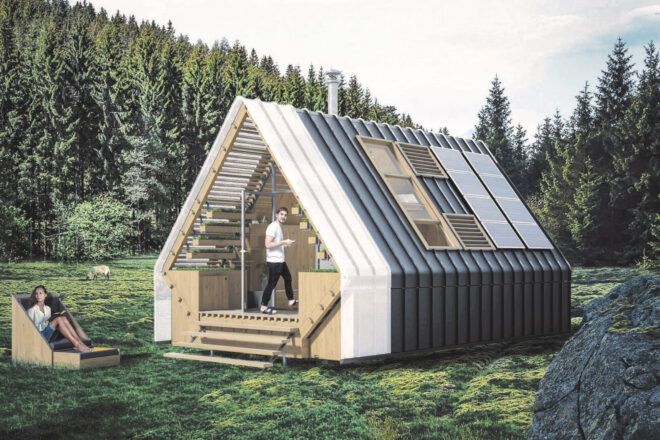 rendering of gabled cabin with glass end wall