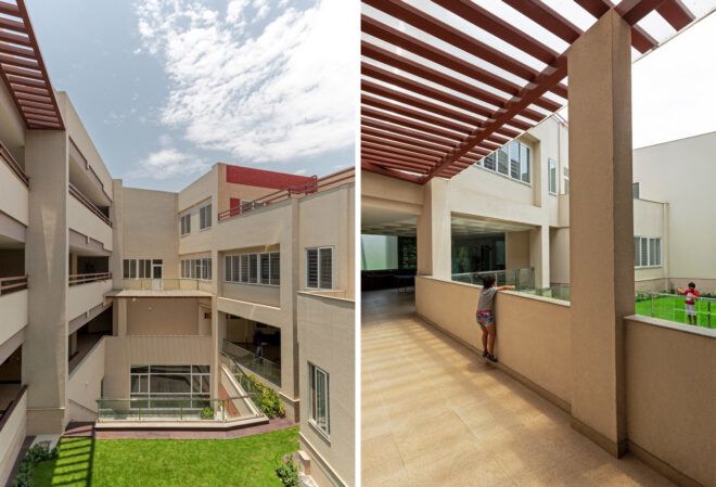 Two photos. On the left, a green courtyard surrounded by buildings. On the right, a child looking over a half-wall in an outdoor hallway.