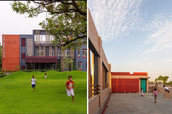 Two photos. On the left, children running through a green lawn in front of White Flower Hall. On the right, a corner of the school with a brown and red facade.