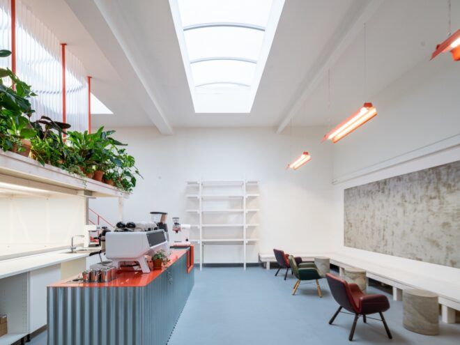 skylight in white room with orange accents