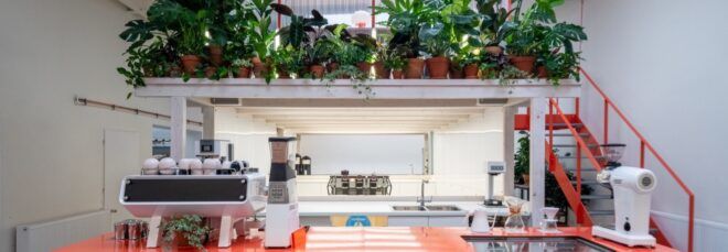 orange and corrugated metal coffee bar