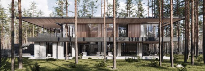 wood and stone home with flat roof
