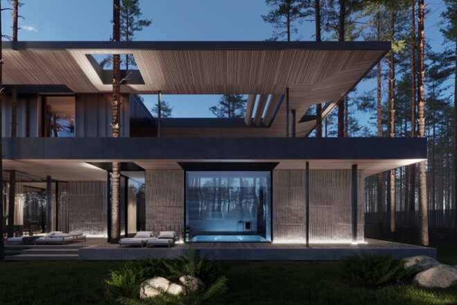 sauna enclosed in glass that connects to outdoor patio