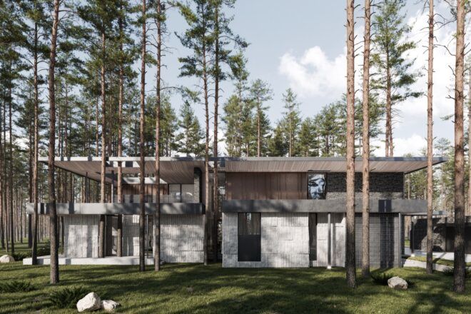 trees growing around wood and stone home