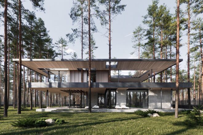 wood and stone home with flat roof