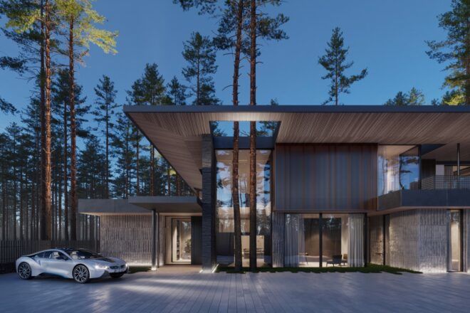 trees growing through opening in a home's roof