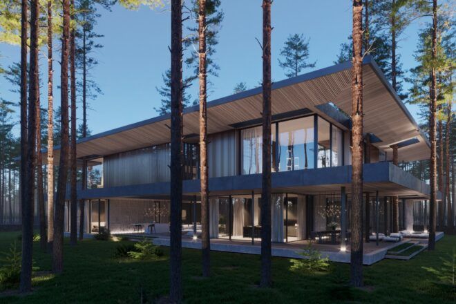 wood and stone home with large windows and flat roof