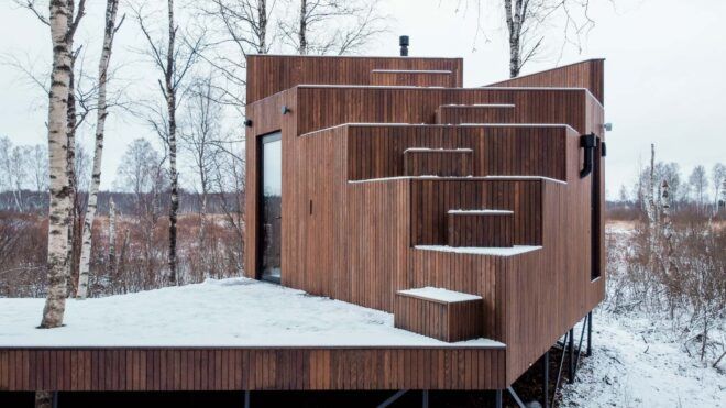stepped wood terraces on the roof of a wood cabin