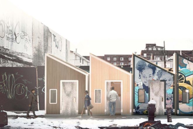 rendering of tiny homes with slanted roofs