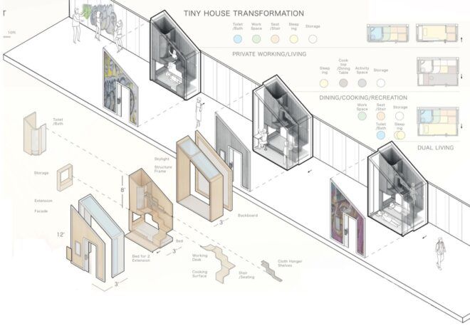 diagram of tiny cabins with slanted roofs