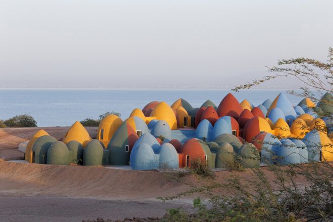 colorful domes near a gulf