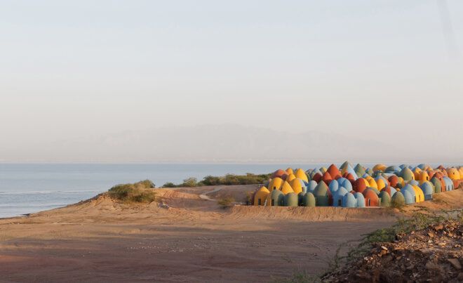 cluster of colorful domes on an island