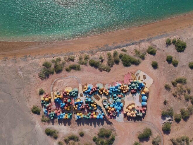 aerial view of colorful domes on an island
