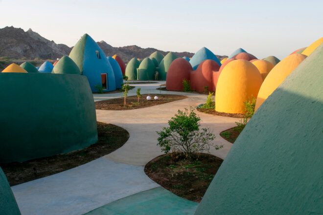 curving pathways between various colorful domes