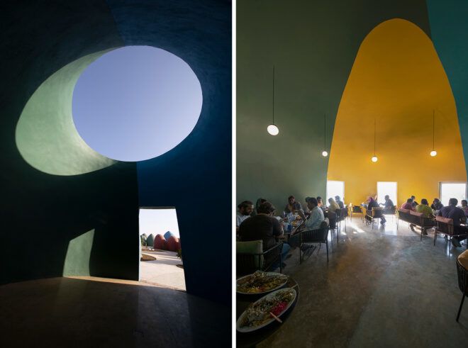 dome interior with round skylight and colorful walls