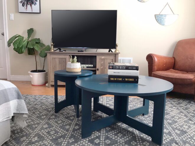 two blue coffee tables in modern living room