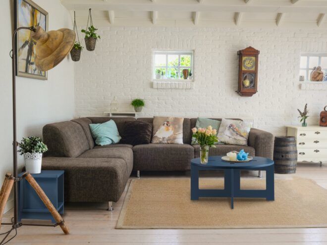 blue round coffee table near brown sectional sofa