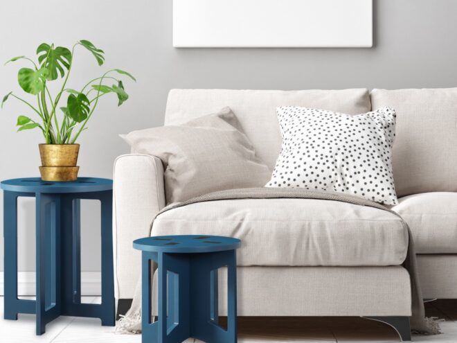 small blue end tables near white sofa