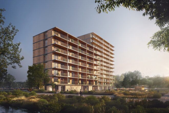 rendering of 11-story timber building