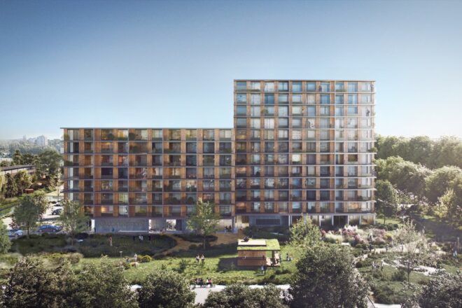 rendering of affordable housing complex built from cross-laminated timber