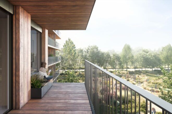 rendering of timber, west-facing balcony