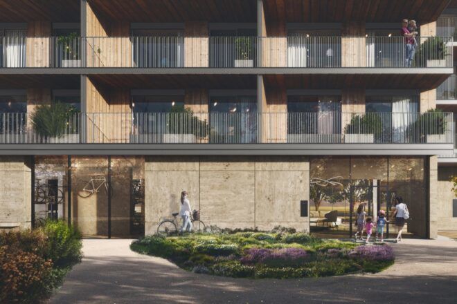rendering of timber building with several balconies on every floor