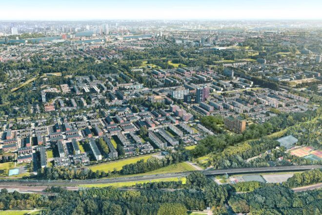 aerial rendering of buildings in a city