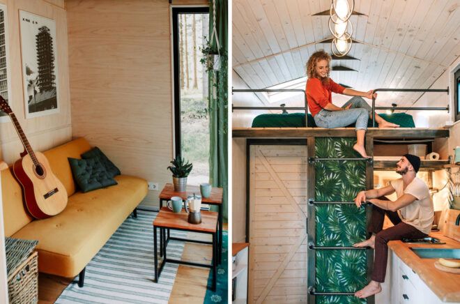 Tiny home interior with yellow sofa and leafy wallpaper