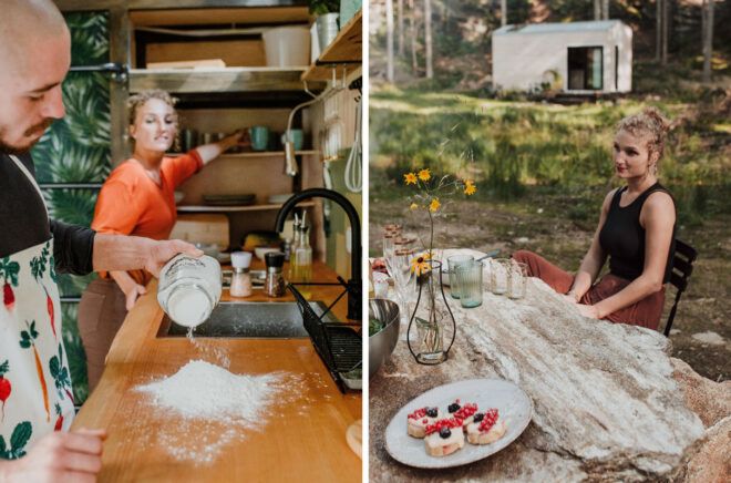 On the left, people putting flour on wood countertop. On the right, person sitting at outdoor table.