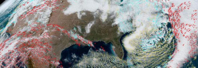 satellite image of winter storms moving across the United States