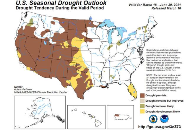 A U.S. map showing drought predictions.