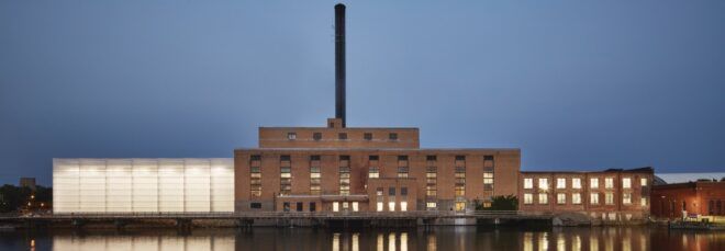 A brick building on the river.