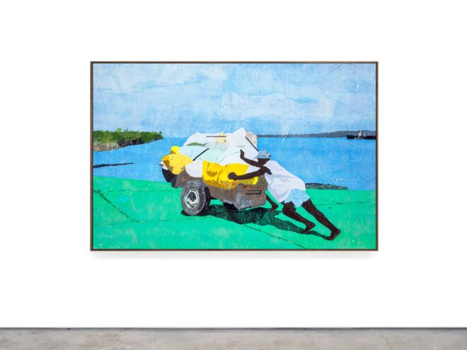 art depicting person pushing large cart full of garbage