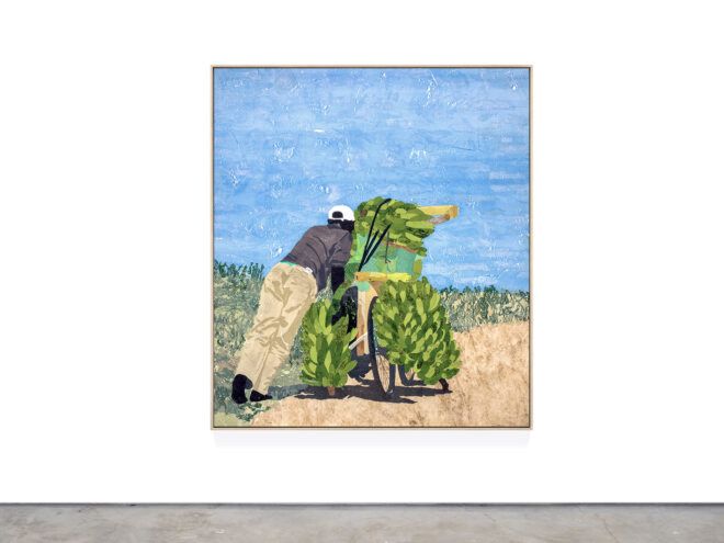 art depicting person hauling bananas on a bike