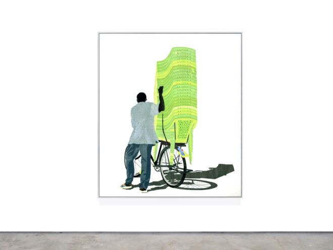 art depicting person hauling plastic lawn chairs on a bike